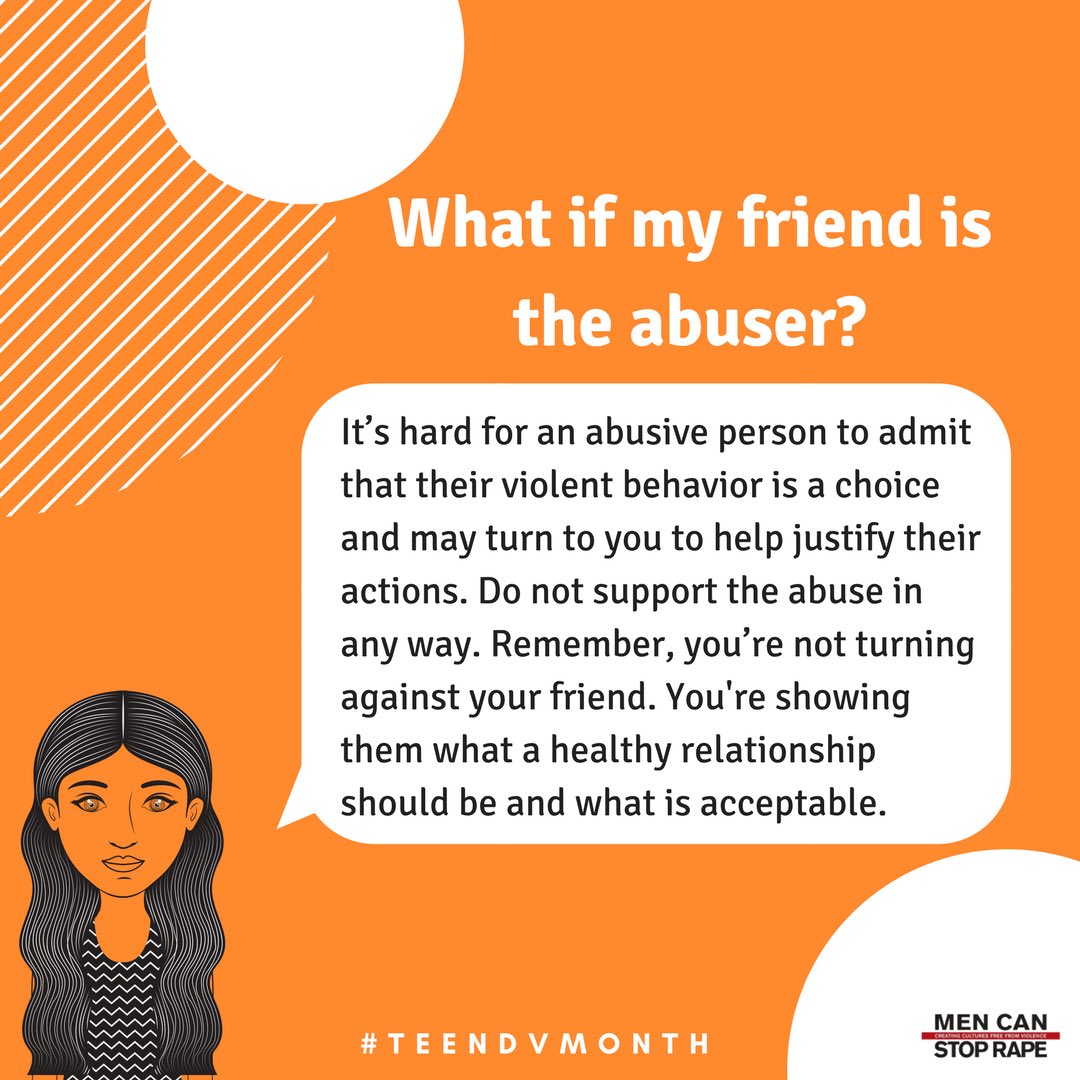 WeAreMCSR's tweet image. It can be hard to know what to do when someone you care about is displaying abusive behavior in their relationship. Remember that the best way to help is to speak up and let your friend know their behavior isn’t okay. #TeenDVMonth