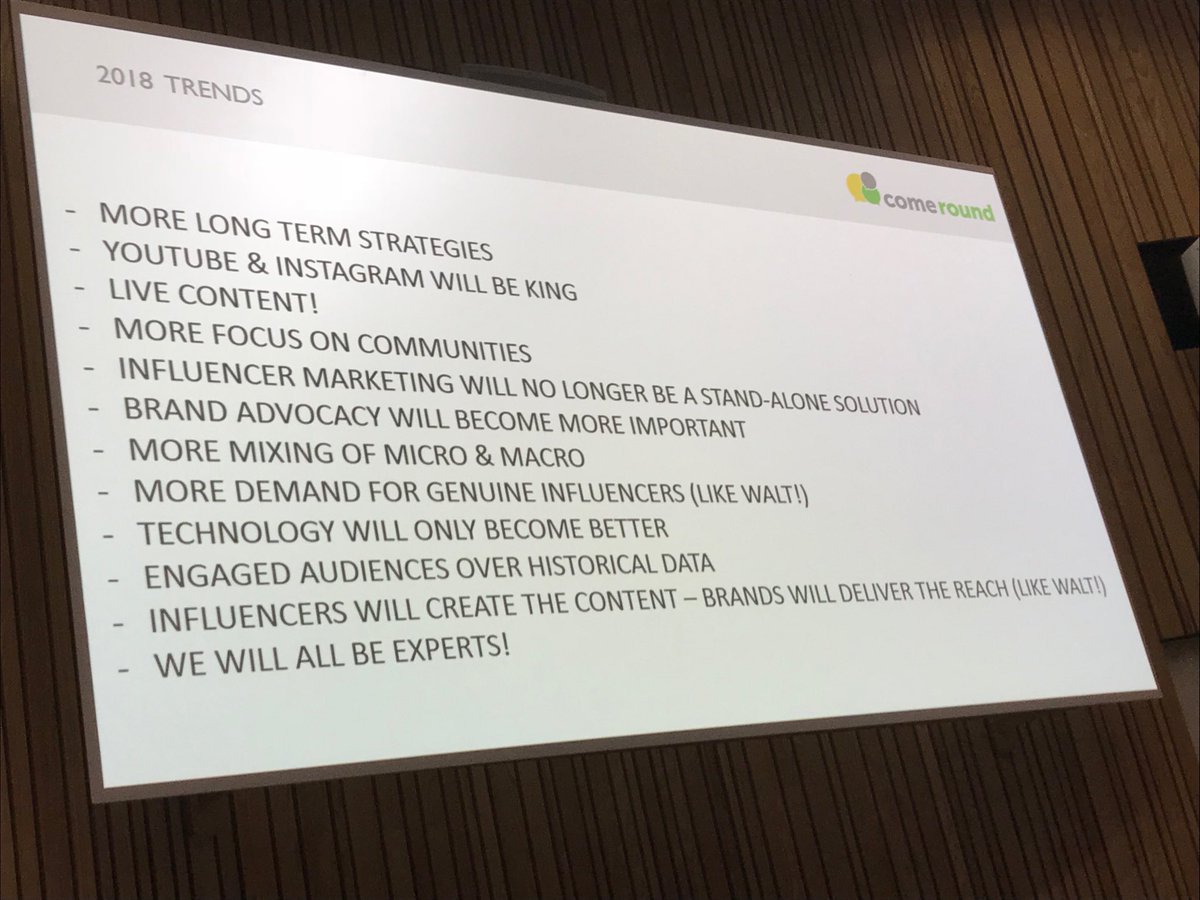 petereales's tweet photo. 2018 Trends - #InfluencerMarketing presented by #PhilipBrown Head of Influencer Marketing at #ComeRound #MikeWarneEvent #MWE18 @bournemouthuni @CIM_Exchange https://t.co/R9gsTmM7fa