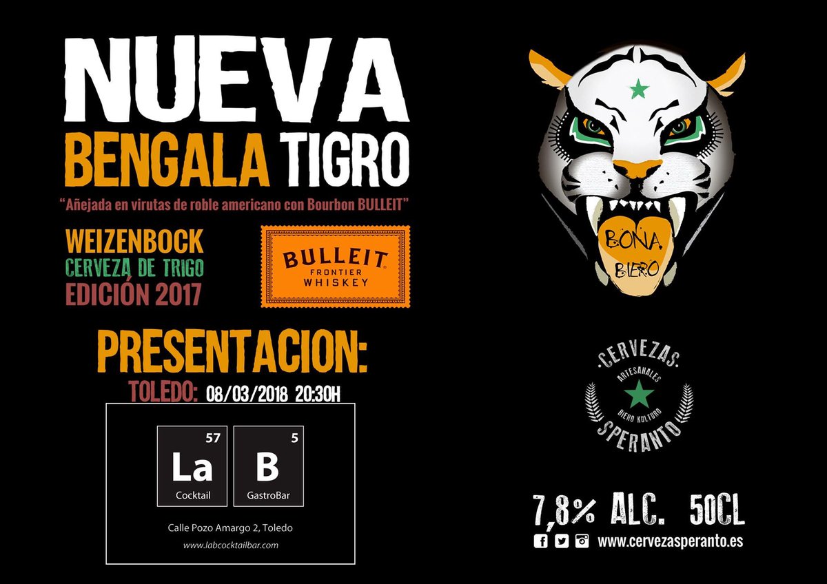El jueves 8 de marzo desde las 20:30h, <a href="/cervezasperanto/">Cervezas Speranto</a> presentará su nueva cerveza Bengala Tigro en exclusiva y para todo #Toledo en Lab Cocktail Bar. Además el equipo de Bulleit ofrecerá un chupito de su reputado Bourbon por cada consumación de Bengala Tigro. Cheers! #MakingLab