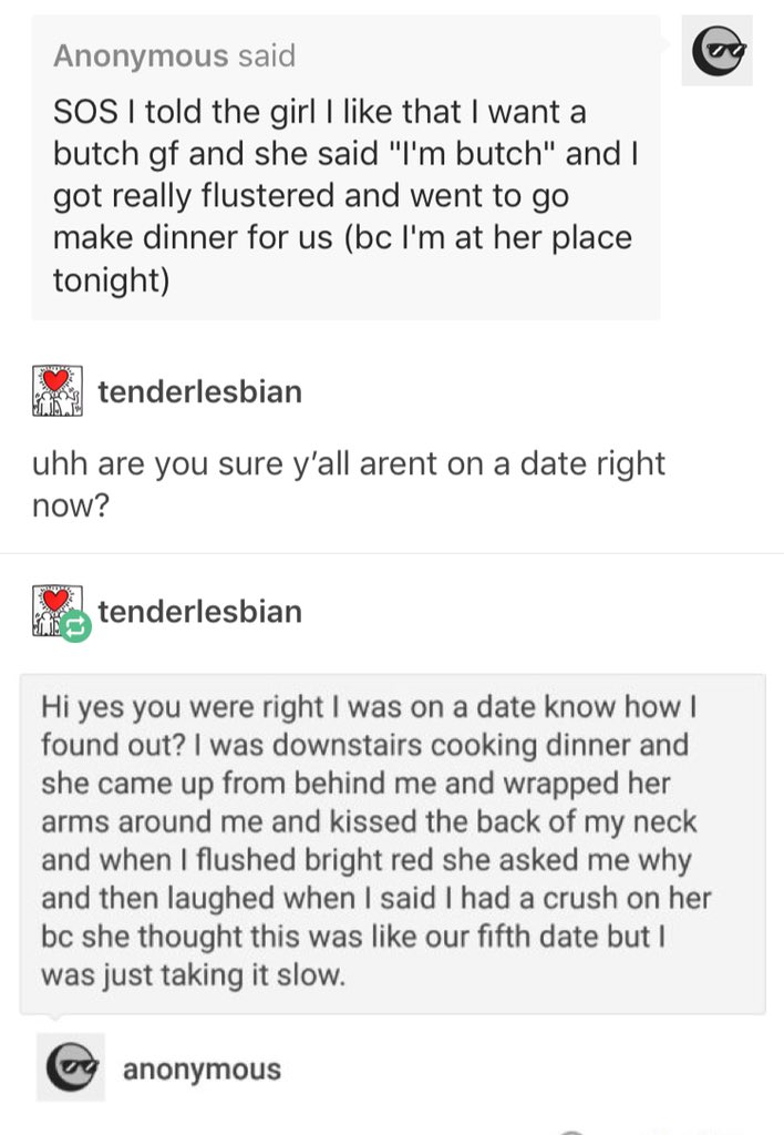 A woman wondering if she is on a date after saying that she is staying at another woman’s apartment. She then confirms that it was a date and that her partner thought it was their fifth date