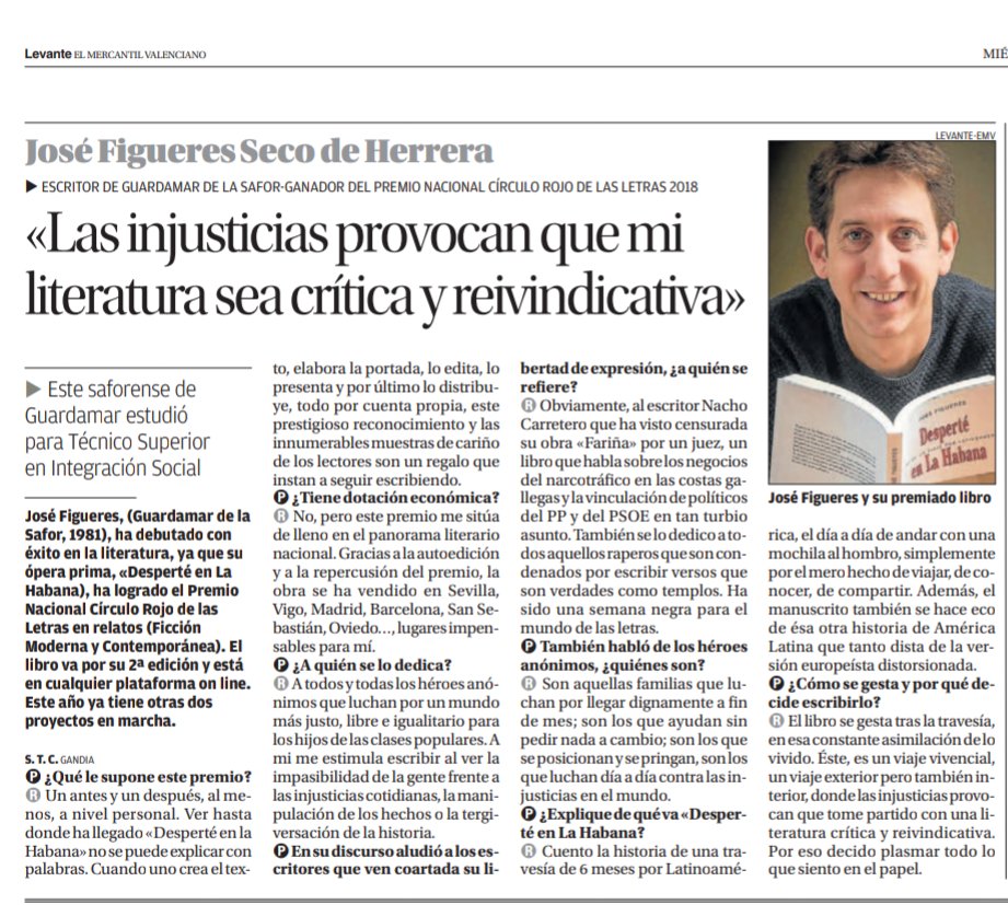 Jose_Figueress's tweet photo. 📢Aquí os dejo una ENTREVISTA que me realizó ayer el periodista Salva Talens para el diario @LevanteEMVSafor.
#PremiosCírculoRojo
@Edicirculorojo 
✔️ COMPARTE. https://t.co/7zxJ5Pif7T
