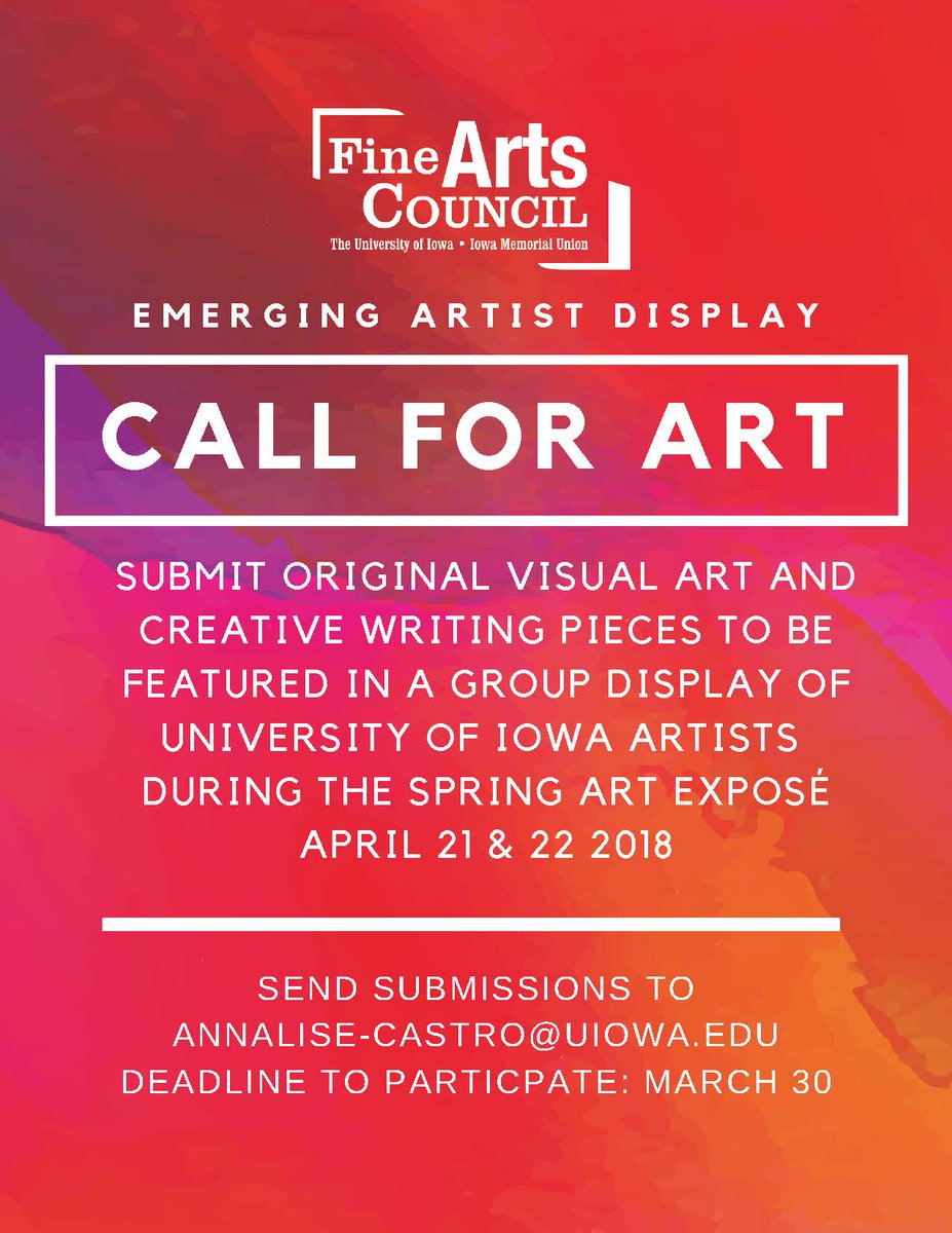 MagidWriting's tweet photo. Call for Art: Submit original visual art and creative writing pieces to be featured in a group display of UI artists during the Spring Art Expose April 21-22, 2018
Deadline to submit: March 30
Send to: annalise-castro@uiowa.edu https://t.co/Wc2NhhRwc0