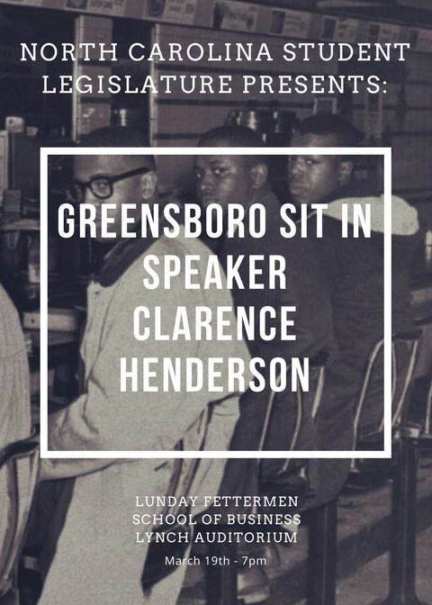Campbell_NCSL's tweet image. ATTENTION EVERYONE
Clarence Henderson, who participated in a sit in during the civil rights movement, will be speaking here on March 19th in Lynch Auditorium at 7 pm. We hope to see you there!