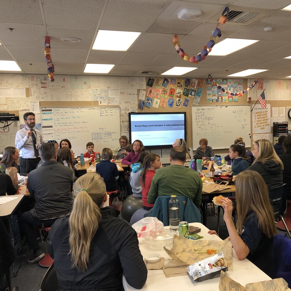 Brown Bag lunch in <a href="/ClassroomD4/">Aaron Grossman</a> at Roy Gomm with Mr. Grossman. What an awesome way to engage families in what is happening in the classroom. Kids are pumped and parents are learning.
