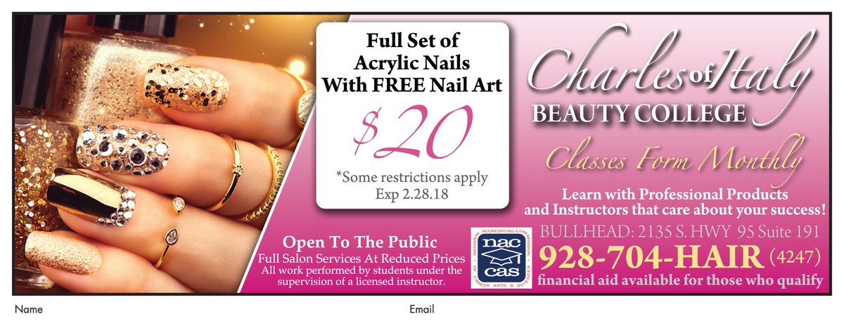 AdsPayUS's tweet photo. Last day to get a full set of #acrylic #nails w/FREE nail art for ONLY $20 at #CharlesofItalyBeautyCollege in Bullhead City.
#adspay #nails #specials #tips #designs #salon #nailtechs #nailglam #bhc https://t.co/Dy43Tda1mh