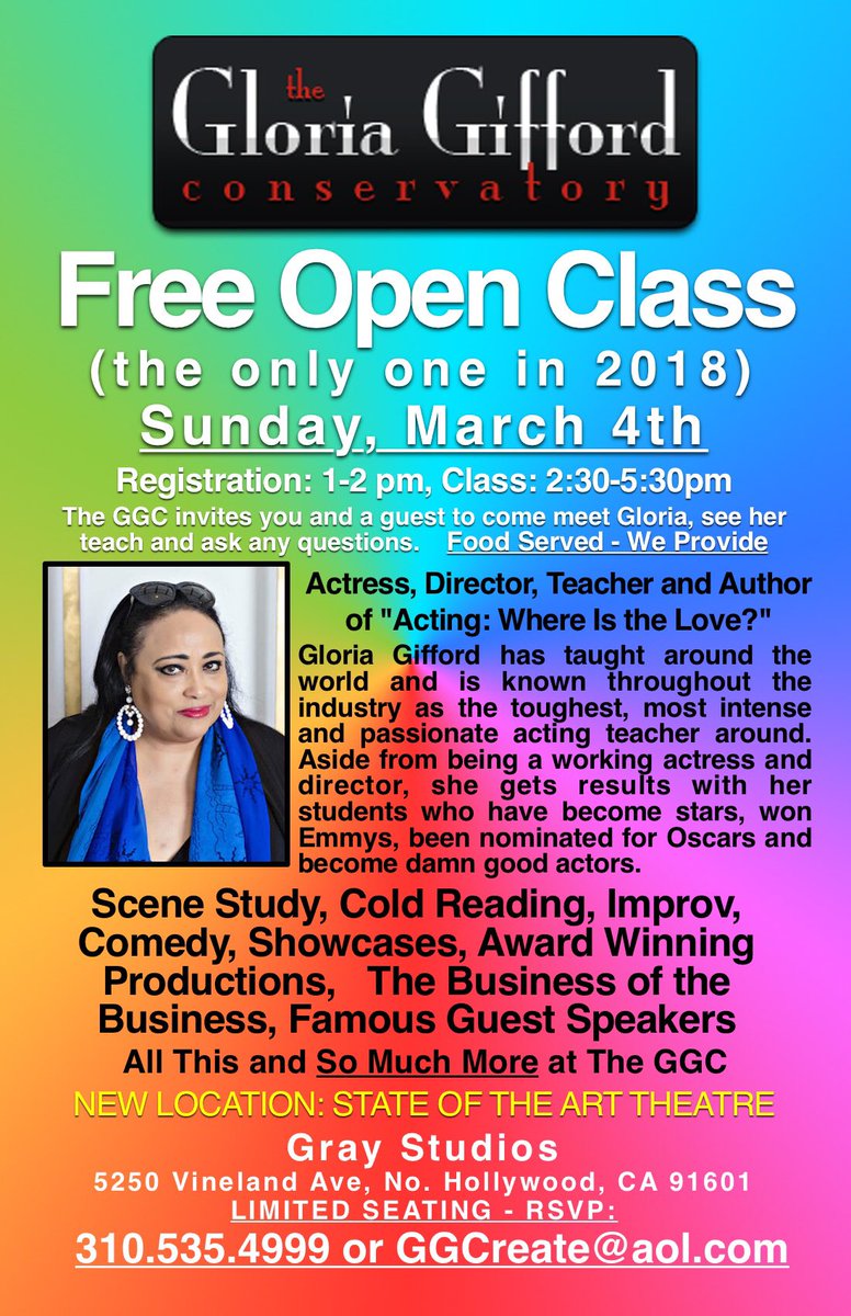 JADELEENDA's tweet photo. Few spots left for this OPEN CLASS. @GGCPlayers they only do this once a year! Don’t miss it. @GloriaGifford will be there!! March 4th 1-5:30pm #freefood #actors #theatre https://t.co/36OnFxVUg6