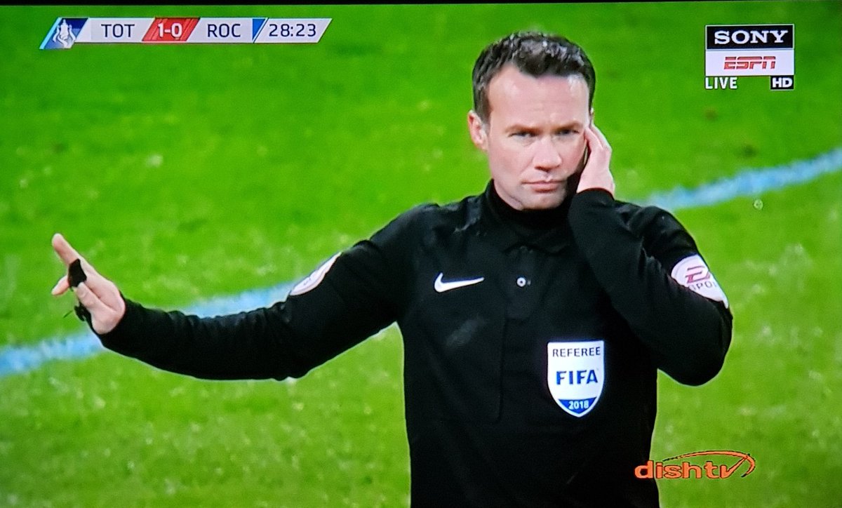 HalaBMalik's tweet image. The ref has been in this position longer than there has been football played this match. #TOTROC #COYS #VARfail