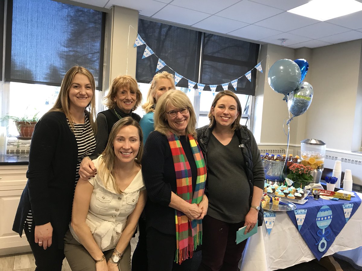 Delbarton's tweet image. Faculty celebrate their peer Sarah Loveday’s last day before maternity. The big reveal...it’s a BOY! And baby boy joins two older brothers age ‘almost 4, and almost 2’ Sarah’s sister Bridget now takes over her classes during spring term. #threeunderfour #congratulations!