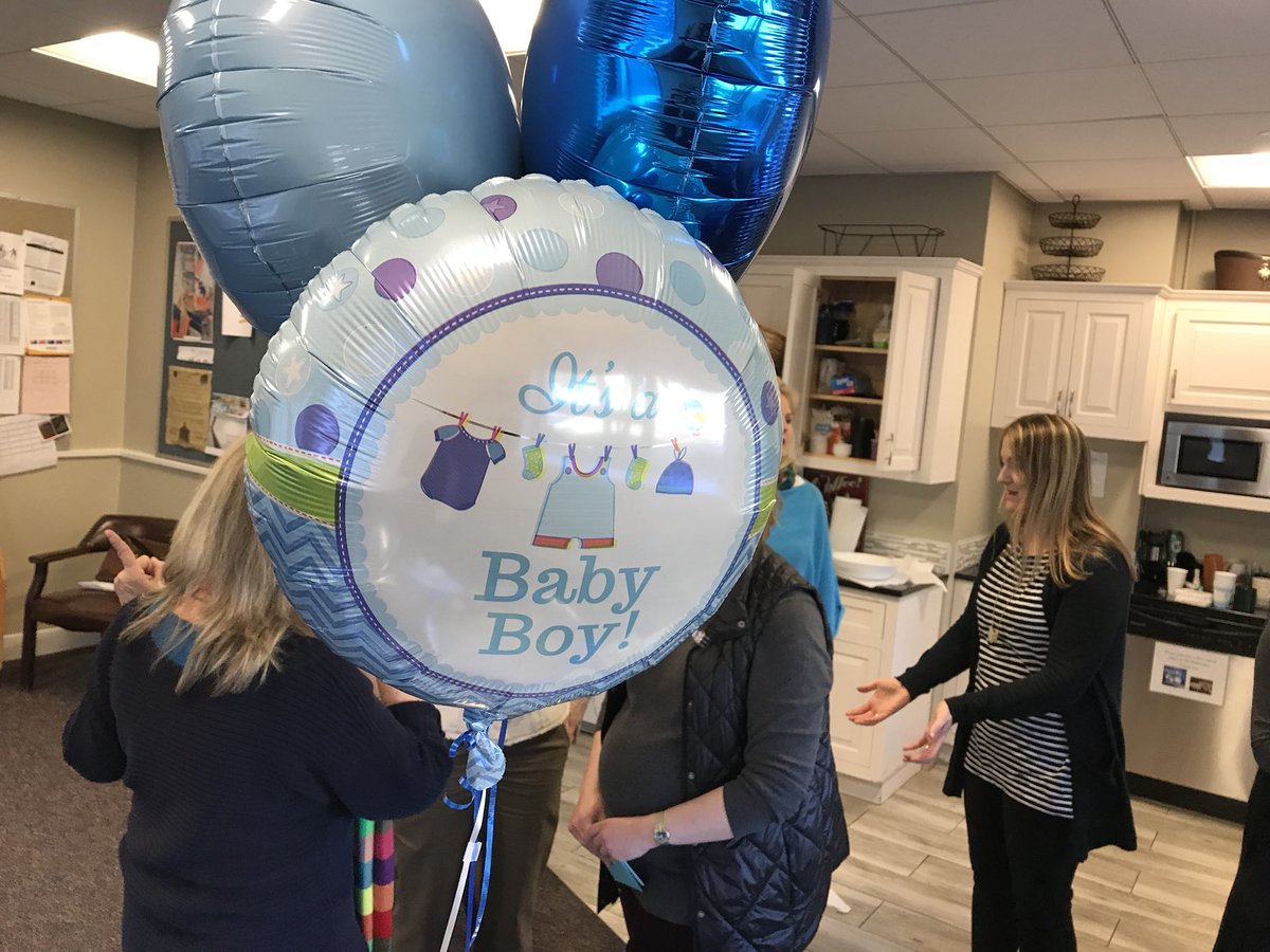 Delbarton's tweet image. Faculty celebrate their peer Sarah Loveday’s last day before maternity. The big reveal...it’s a BOY! And baby boy joins two older brothers age ‘almost 4, and almost 2’ Sarah’s sister Bridget now takes over her classes during spring term. #threeunderfour #congratulations!
