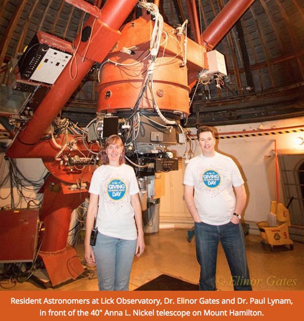 Donate to 'Gravitational Wave Research at Lick Observatory' -- Resident astronomers Ellie Gates and Paul Lynam on Mount Hamilton are looking forward to support UCSC students who observe with the Anna L. Nickel telescope at Lick Observatory. 🔭

#Give2UCSC  bit.ly/2COKtdC