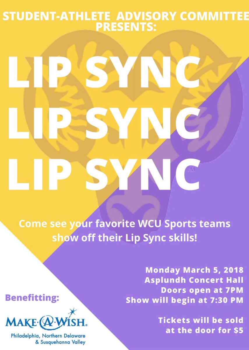 WCURamcenter's tweet photo. Next Monday (3/5) will be the WCU Sports Lip Sync battle! The benefits will go to the Make A Wish foundation. Hosted by our co-hosts: @APPLE_JACKSon23 and @swmckercher!! Come out to Asplundh Concert Hall and join the fun‼️ #RamsUp https://t.co/Jj7ugRWRyp