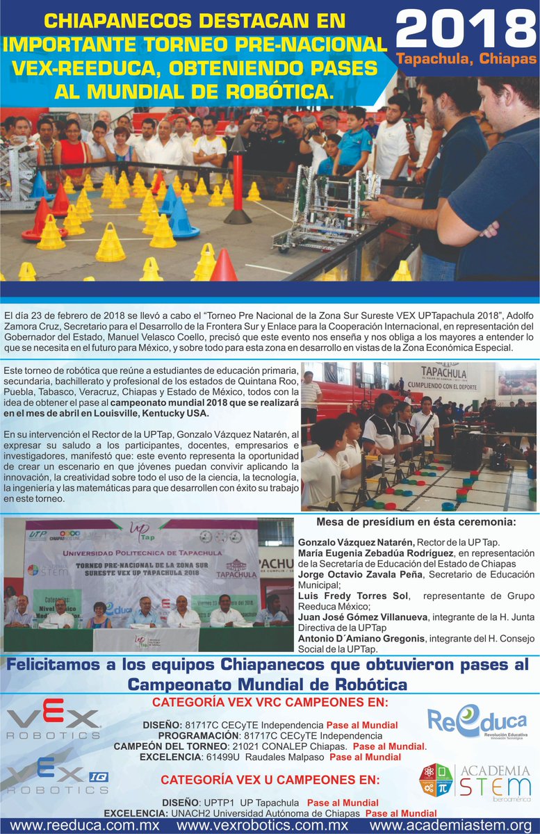 VexroboticsMex's tweet photo. @cecytech @UPTapachula @ConalepChis @comunica_unach Felicitamos a los Chiapanecos que tuvieron una brillante participación en en Torneo Prenacional de Tapachula, donde obtuvieron pases al Mundial de Róbotica que se llevará a cabo en Lousville, Kentucky. USA. https://t.co/vkTdJ6WA5c