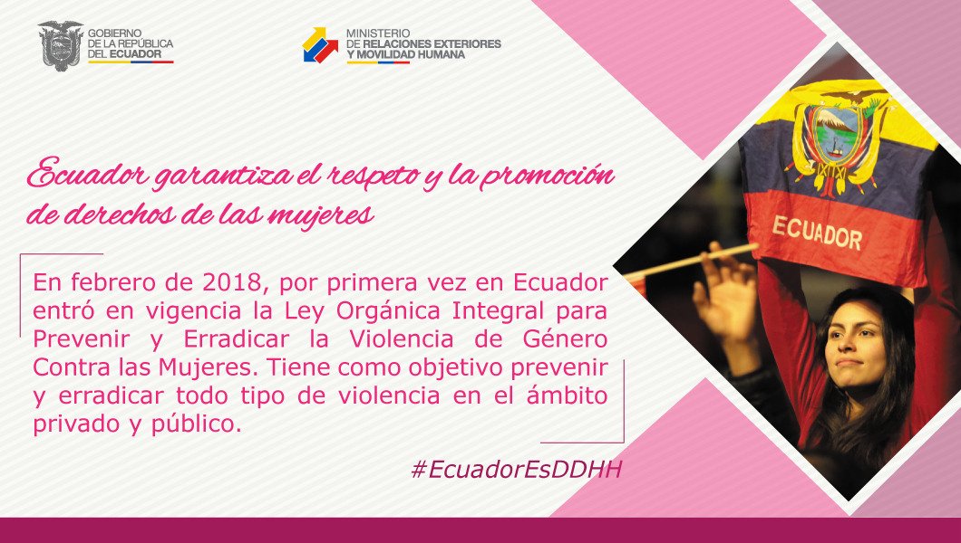 EmbajadaEcuCUB's tweet photo. Por primera vez en Ecuador entró en vigencia la Ley Orgánica Integral para Prevenir y Erradicar la Violencia de Género Contra las Mujeres. https://t.co/iETjp3p3Fx #EcuadorEsDDHH @CancilleriaEc https://t.co/sgxr6wuMIL