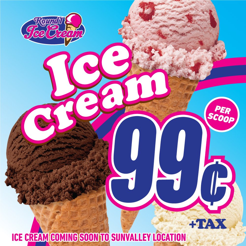 Round1_Broadway's tweet photo. How is everyone's week going?  Don't forget it's Ice Cream Wednesday!🍦  #Round1 #IceCream https://t.co/PYT7VZRGil
