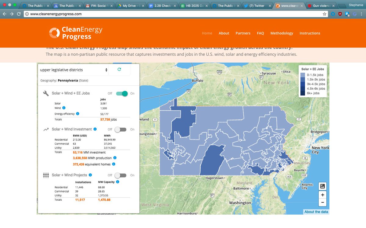StephanieWein's tweet photo. With the @#CleanEnergyProgress map, you can look at #CleanEnergyJobs and #efficiency jobs by Congressional District, State House and State Senate and County. #MapNerd #MoreSolarPlease. https://t.co/ORlhFtS9Eh