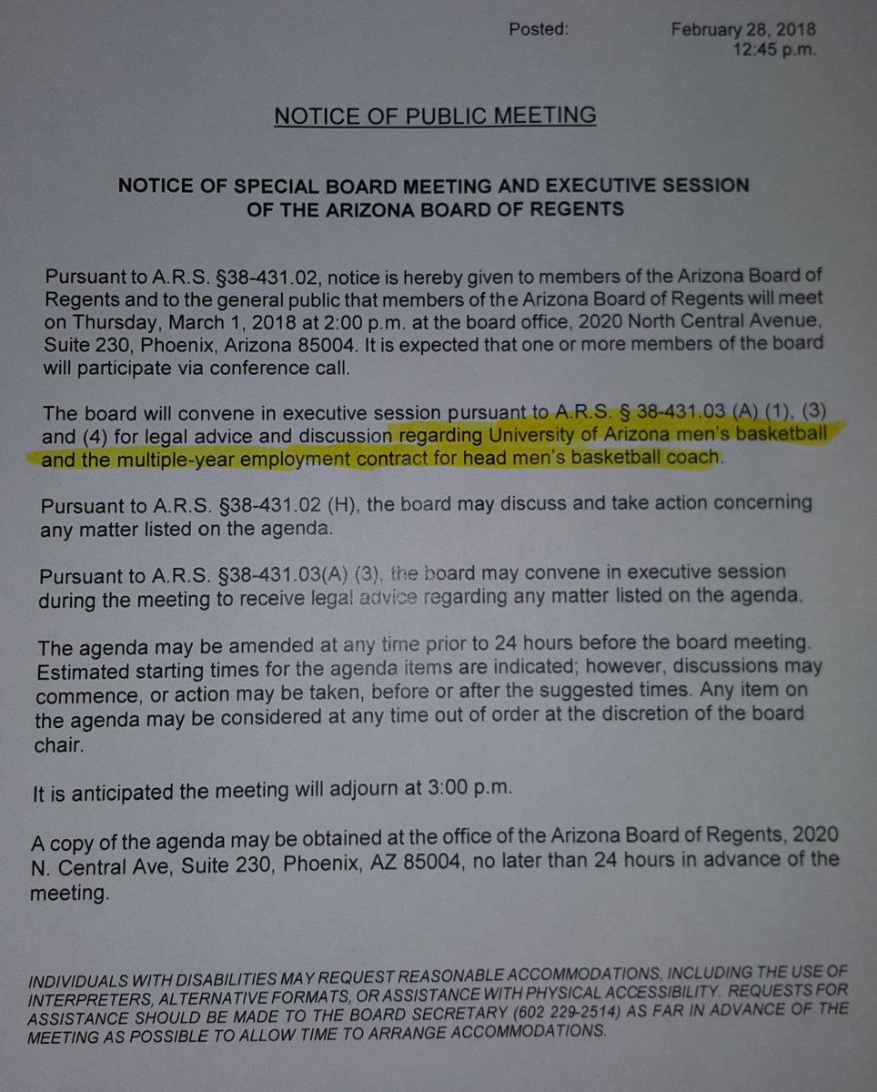 PaulCicala's tweet image. A notice issued on fate of Coach  #SeanMiller &amp;amp; the @UofA  basketball program. -Thursday, the AZ Board of Regents will meet in PHX at 2 pm for "discussion regarding University of Arizona men's basketball and multi-year employment contract for head men's basketball coach." @KVOA
