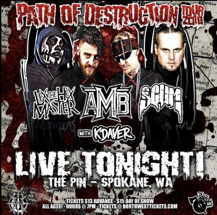 majikninjaent's tweet photo. The #PathOfDestructionTour continues TONIGHT in Spokane, WA! The @axemurderboyz @lexthehexmaster & @SCUM412 are bringing the ๐ฅto you, live in concert โ ๏ธ
#majikninjaentertainment #mne2018 #lsp #scum #axemurderboyz #amb #lexthehexmaster #mnetakeover #underground https://t.co/xhcoNGpPb1