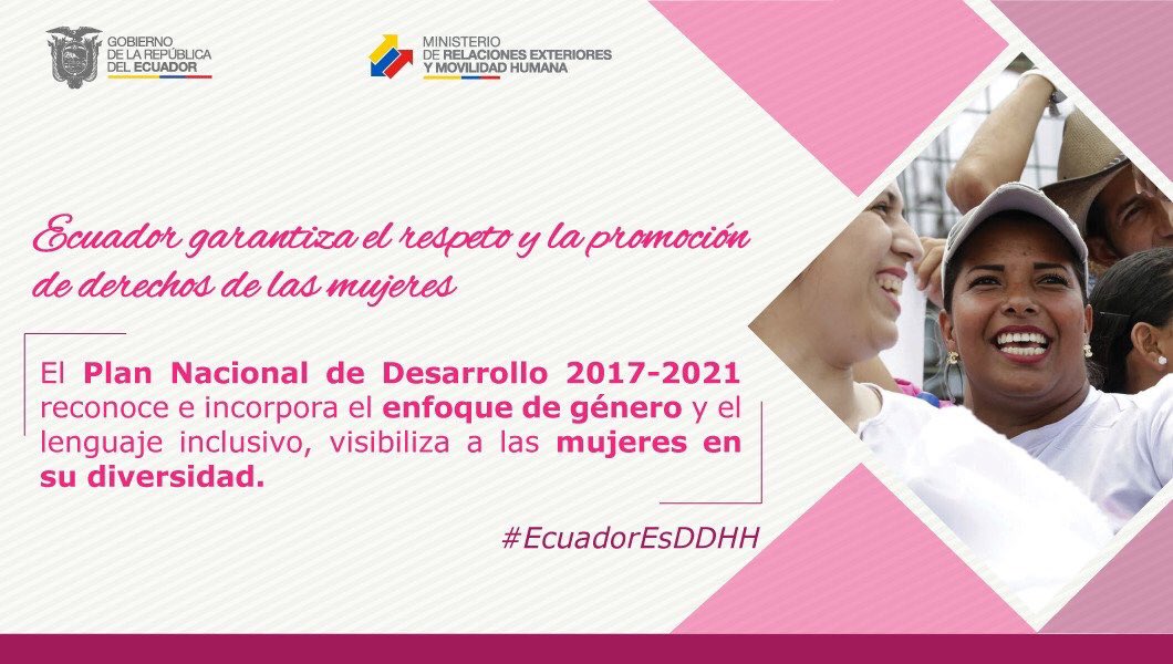 DDHH_Ec's tweet photo. El Plan Nacional de Desarrollo 2017-2021 reconoce e incorpora el enfoque de género. https://t.co/uyQoeGENI8 #EcuadorEsDDHH ♀️🇪🇨 https://t.co/Ru6xwzmys0