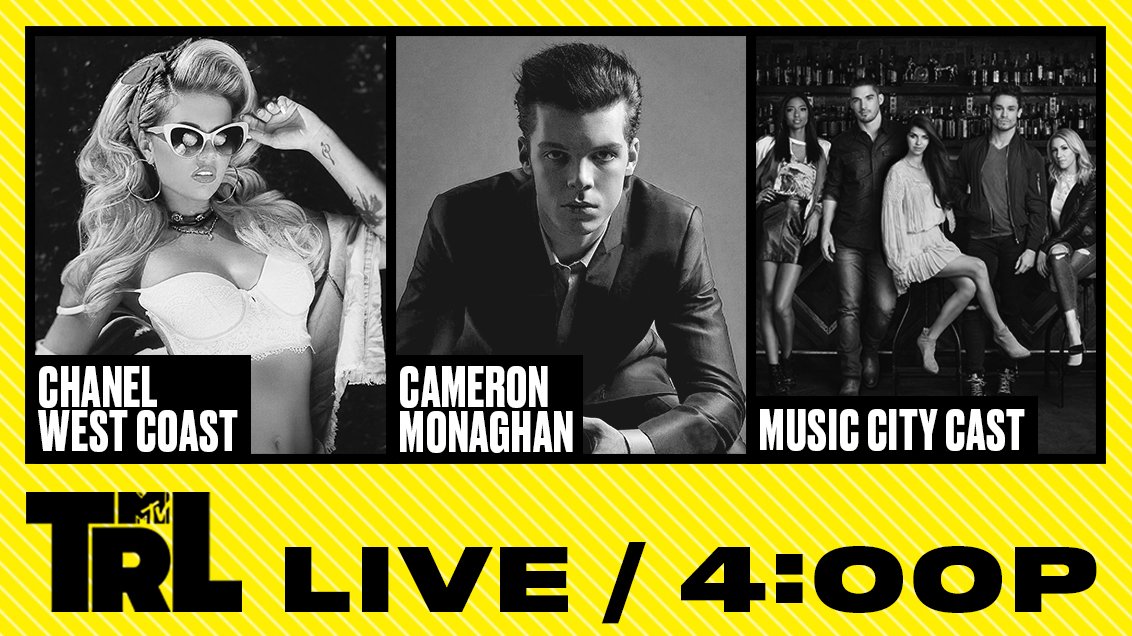 TRL's tweet photo. today's #TRL lineup 🔥 @chanelwestcoast performs LIVE 🔥 @gotham star @cameronmonaghan gets us SHOOK 🔥 #MusicCityCMT's @rachyldegman and #jacksonboyd come THRU 🔥 UGH I CANT WAIT UNTIL 4PM @MTV https://t.co/UFNC0KpJKr