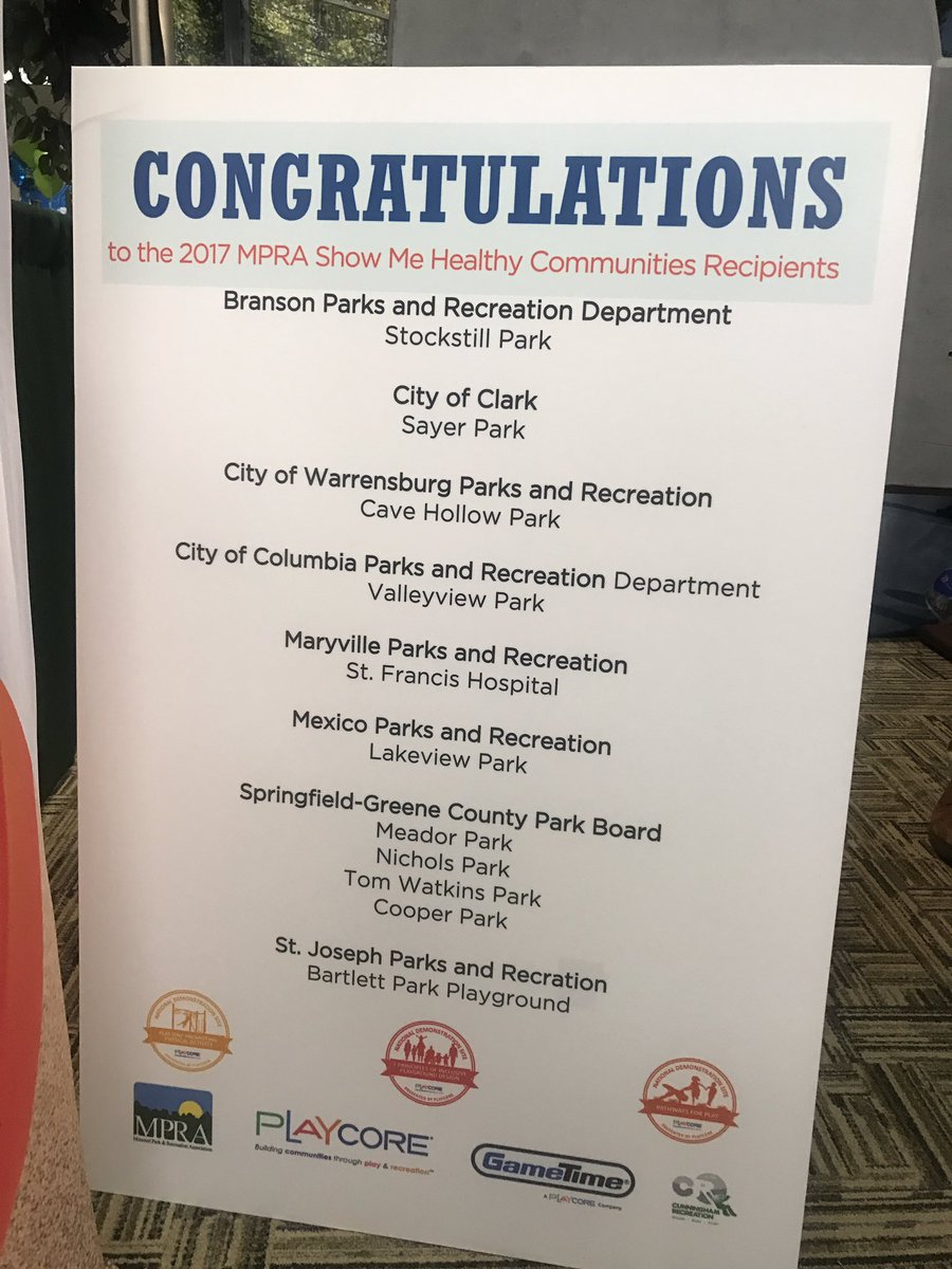 CunninghamRec's tweet photo. Congratulations to the @MOParkRec Show Me Healthy Communities Recipients! @gametimeplay #MPRA2018 #InclusivePlay #OutdoorFitness #PathwaysForPlay #NaturePlay https://t.co/lVJwHCkkmF