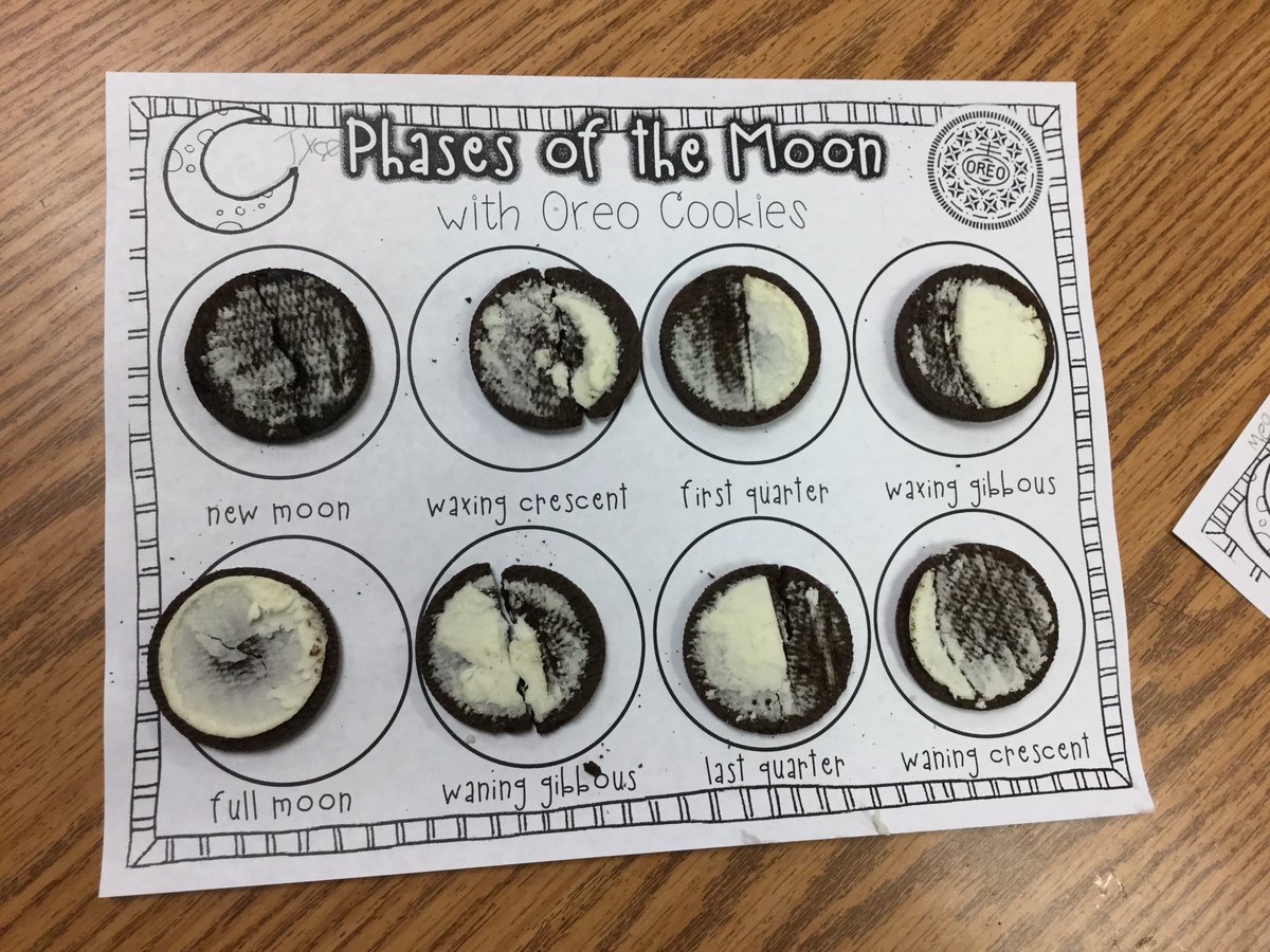 Branch_firsties's tweet photo. Learning phases of the moon using Oreos!! Lots of smiles, laughter, and learning! #science #beckfirsties #BeckElem https://t.co/9R4f7gfsWr