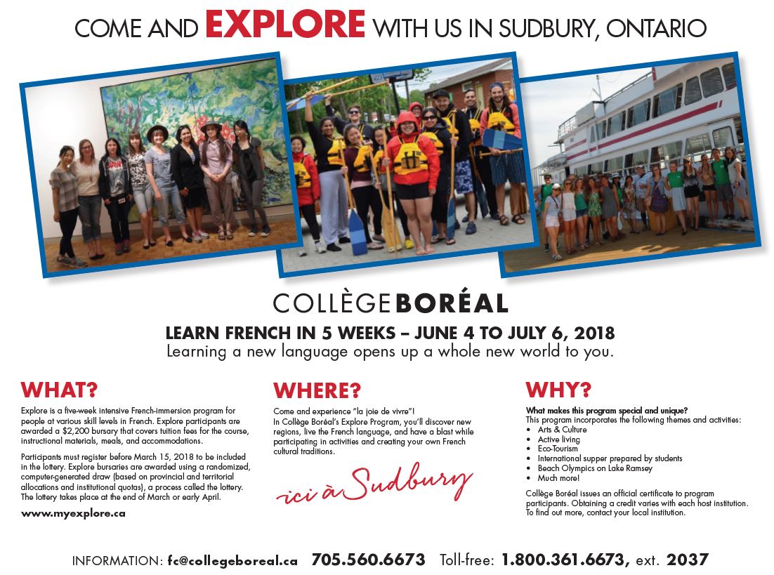 collegeboreal's tweet photo. Learn French in five weeks this summer at @collegeboreal in Sudbury ON! From June 4 to July 6, 2018, take part in Explore, an intensive French-immersion program. And Explore provides a bursary worth $2,200 to cover expenses! Info: https://t.co/8wyqlg1FjS, 1-800-361-6673, x 2037. https://t.co/1mCVe9to4F