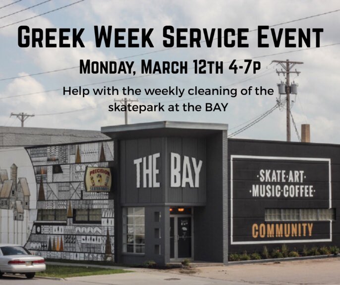 NWUGreekLife's tweet photo. Greek Week service events this year will be done through signing up on a google doc! Our first event of the week will be at The BAY skatepark. Do you like improving the spaces that Lincoln youth find to be safe spaces? Sign up to help with this event: https://t.co/gnJgRXSJnO https://t.co/CqQs871i1C