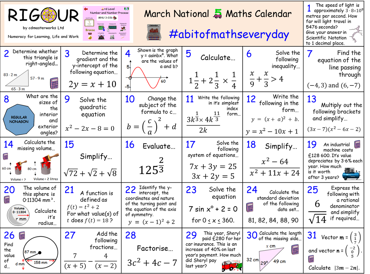 Calling all #Nat5Maths pupils! Keep your skills sharp our with our #RigourMaths March National 5 Maths Calendar! Only use a calculator where allowed! Use the online learning portal to practice areas for development; cdmasterworks.co.uk/national-quali… #abitofmathseveryday #notlongtogo