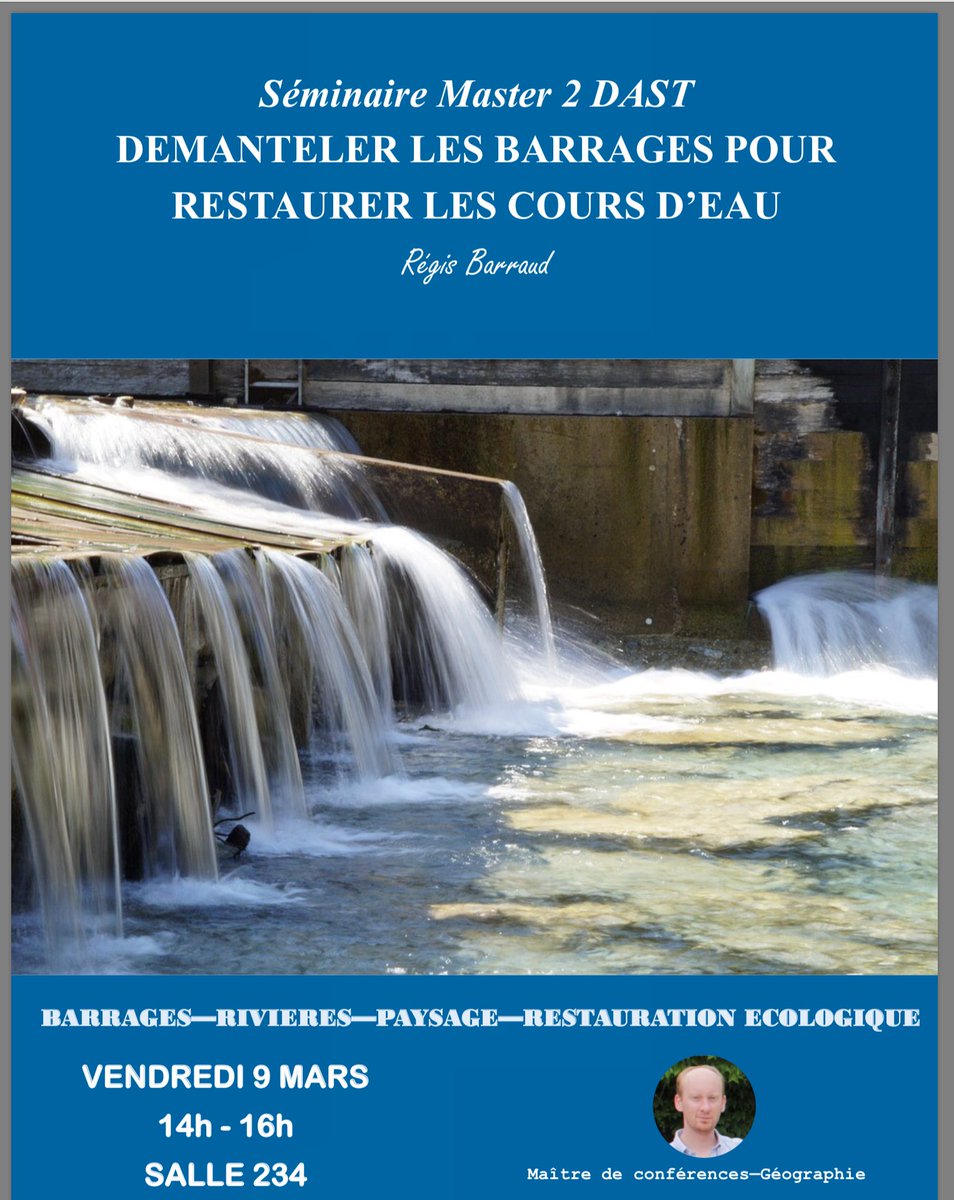 PauGeoNews's tweet photo. #Savethedate : Les prochains séminaires organisés par le #MasterDAST de l'@universite_uppa :
- le 08/03 avec Ludovic Falaix :
Surf à contre-courant. Une odyssée scientifique !
- le 09/03, avec Régis Barraud :
Démanteler les barrages pour restaurer les cours d’eau https://t.co/HzG7pSOGT6