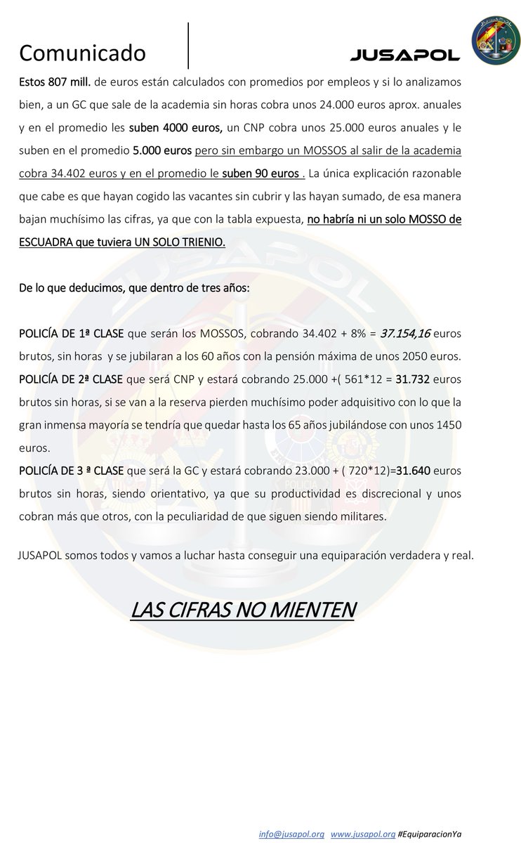 jusapol's tweet photo. 🏴📡COMUNICADO

Las cifras están encima de la mesa,la #EquiparacionYa ha de ser un compromiso, a tener la misma nómina,cobrar el mismo sueldo que un Autonómico 

No os olvideis de las pagas extras,ni de las horas extraordinarias,ni de las asistencias a juicios,ni de la jubilación https://t.co/xjOviE2U4r
