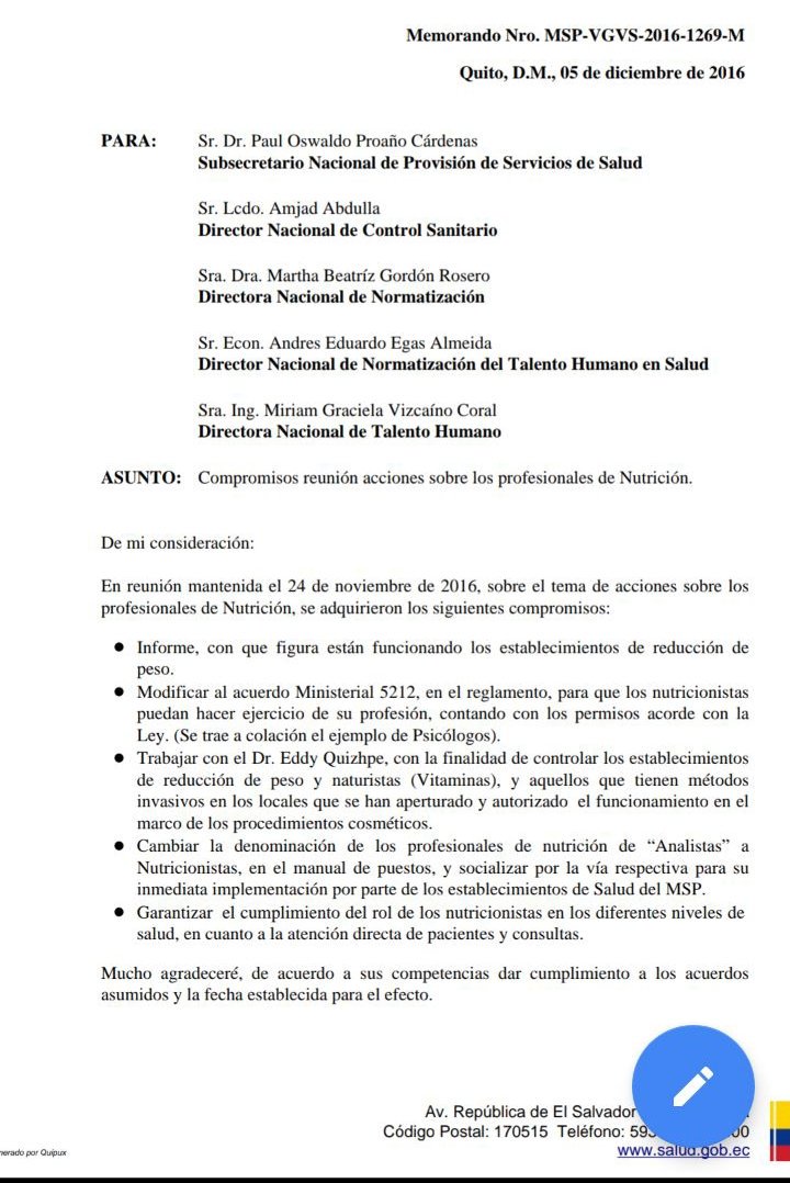 henvla14's tweet photo. Saludos Sra. Ministra @MVEspinosaS, los #NutricionistasEc solicitamos conocer los avances de lo q Ud dispuso en el 2016, "Modicar el 5212" @Salud_Ec; @Redprosalud; @Lenin. #ANNE; #NuevaEraNutricionistasEc. https://t.co/mXW6rqQhyX