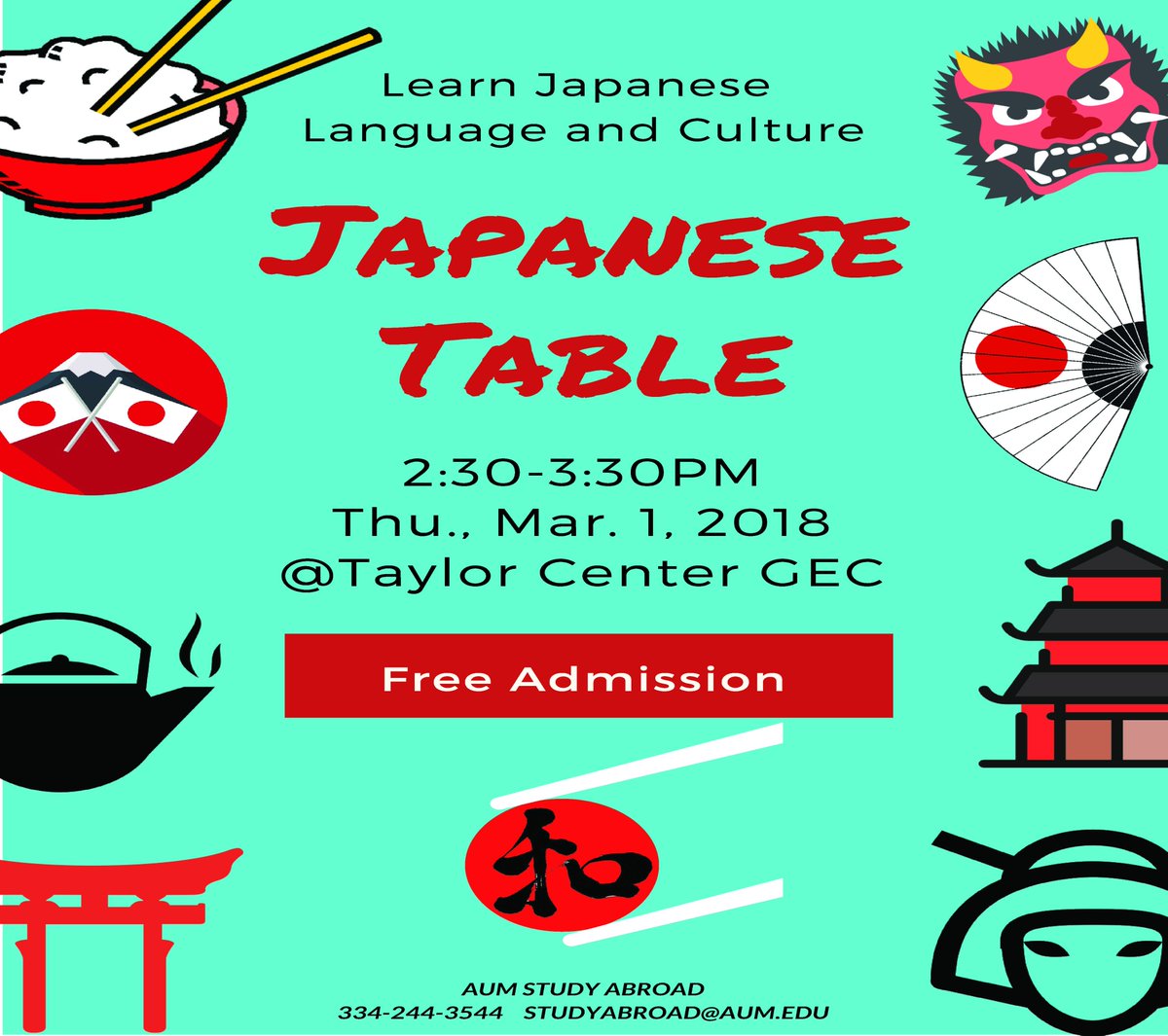 Come and join our Japanese Conversation Table tomorrow, Thursday, from 2:30-3:00pm at Taylor Center GEC. Our topic is dates in language and holiday in culture. We look forward to seeing you there!