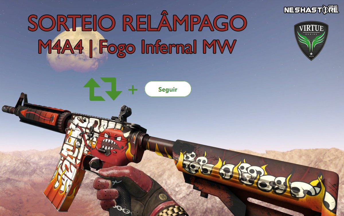 VirtueClube's tweet image. Nós avisamos que seria rápido!

⚡️ SORTEIO RELÂMPAGO ⚡️

🎁1 M4A4 | Fogo Infernal MW

❓ Para participar basta dar RT nessa publicação, seguir @VrT_Gaming e @Neshastore e comentar o seu Tradelink da steam abaixo.

⏰ Resultado em 30 minutos!

💚#AniversarioVirtue #Greenwings