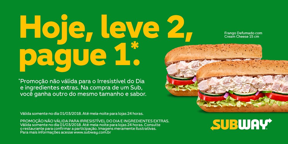 Subway Brasil - Compre um, leve outro. Simples e gostoso assim, só hoje no SUBWAY®. Encontre a loja mais próxima e não perca essa chance. Mais informações em bit.ly/2m9jEJ8.