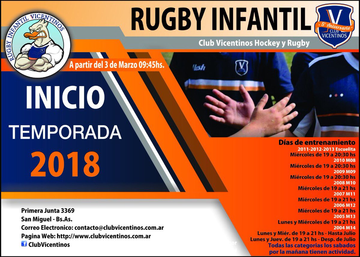 ClubVicentinos's tweet photo. Rugby Infantil: este sábado comienza la temporada 2018

Los esperamos! https://t.co/UtadQID765