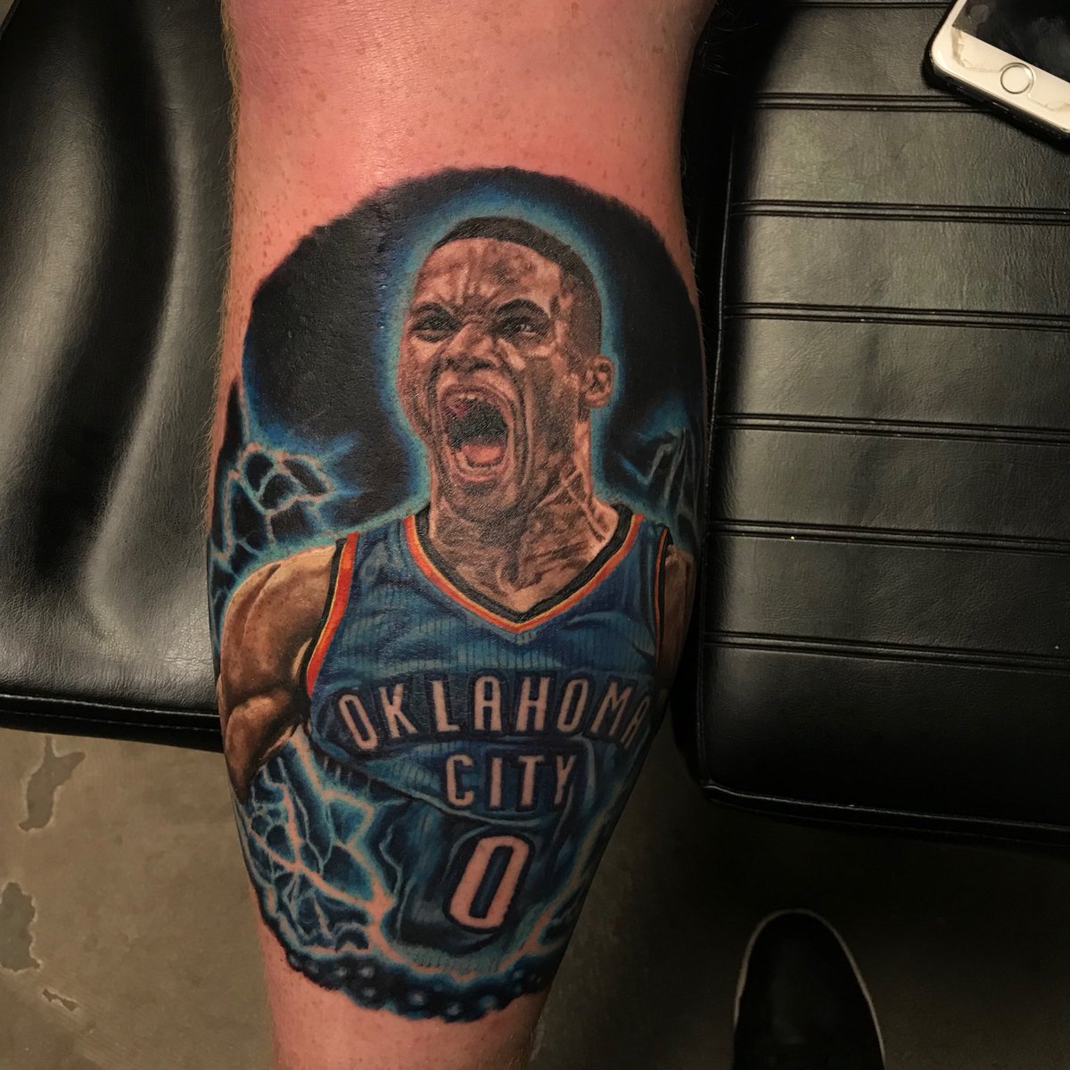 chey_pete's tweet photo. My husband’s calf is always thundering up! #OKC #WEARETHUNDER https://t.co/W1Hyh16TZB