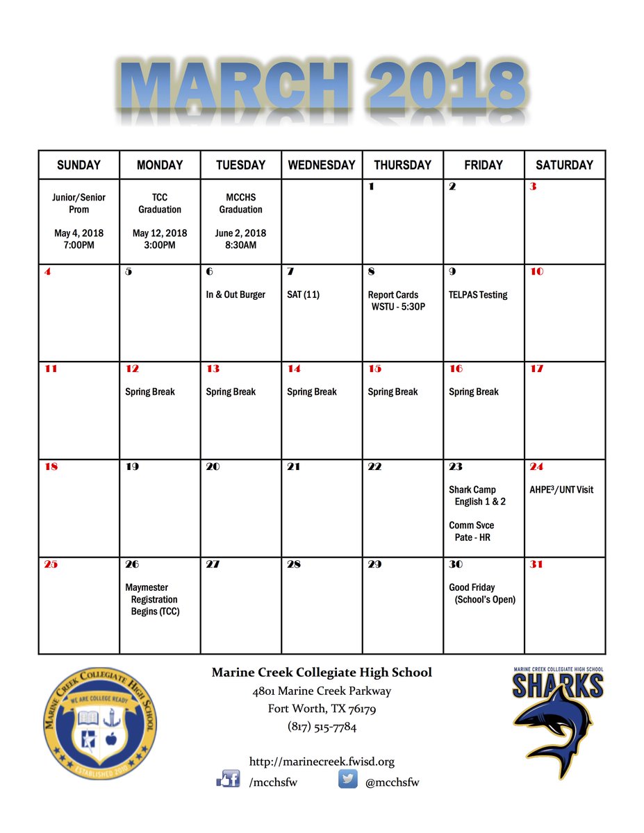 Calendar of Events - March 2018 #SharksWithDegrees @FortWorth_ISD