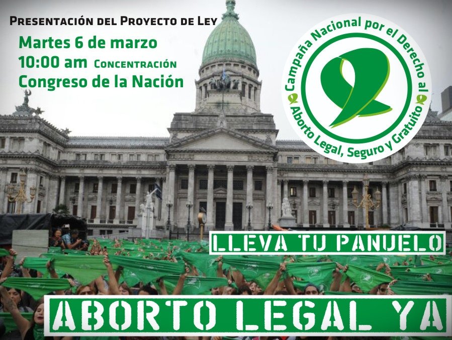 CampAbortoLegal's tweet photo. Presentación del Proyecto de Ley de Interrupción Voluntaria del Embarazo.
6 de marzo
Congreso de la Nación
Concentramos a las 10 hs.
#AbortoLegalYa https://t.co/lliqKWEoGh