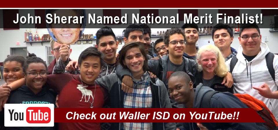 WallerISD's tweet photo. Waller ISD's John Sherar Named National Merit Finalist!
Want to see this video and more? Check out the official Waller ISD Youtube channel: https://t.co/MbnNKHldki https://t.co/pDGHNhZy93