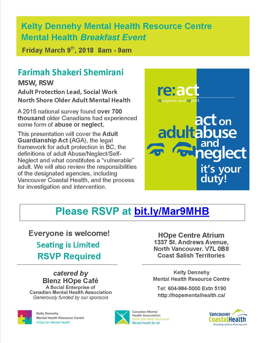 What is a "vulnerable adult?" What do you do when you suspect abuse, neglect, or self neglect? Find our March 9th at our next #MentalHealth Breakfast! It will be another great presentation from a member of HOpe's Older Adult Mental Health team.
RSVP @ bit.ly/Mar9MHB