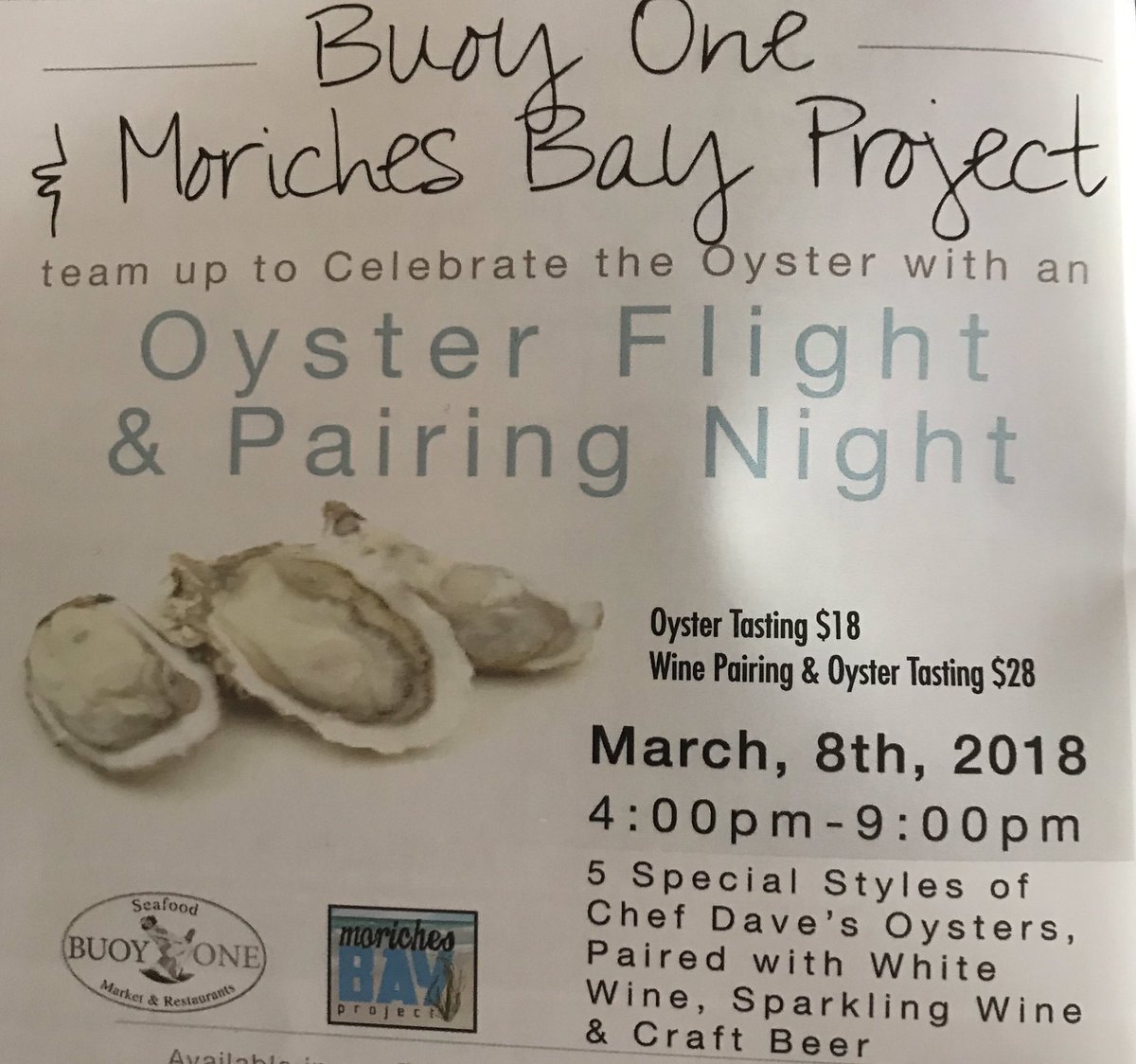 MorichesBayProj's tweet photo. On March 8th join Buoy One &amp; MBP for an oyster flight and pairing night! Both Buoy One locations! 4-9 pm. Don't miss it! https://t.co/3zOseKqRtg