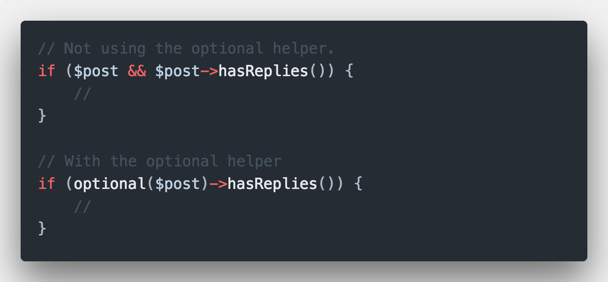 RashidLaasri's tweet image. My favourite @laravelphp helper of all time.

🚨  Fixes Trying to get property/method of non-object notices.

✅  Cleaner way to write “if” conditions.

#Laravel