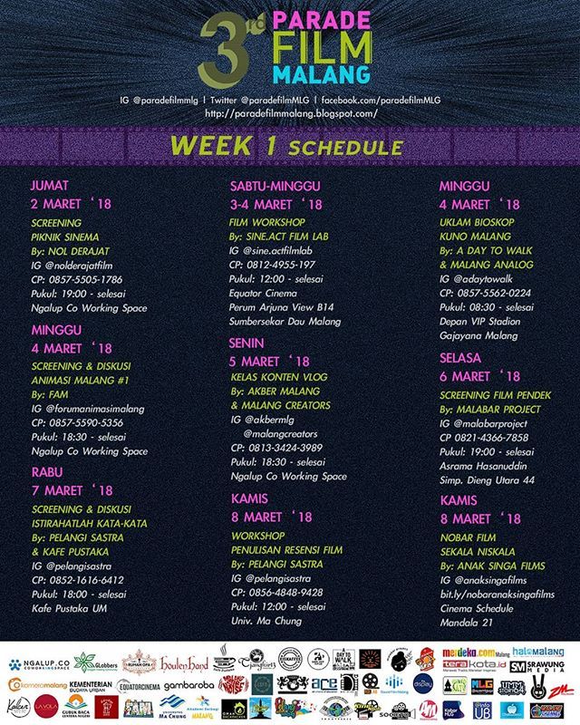 JADWAL GELARAN PARADE FILM MALANG 2018 -- MINGGU 1 (2-8 MARET 2018)
.
Catat tanggalnya, sebarkan dan rayakan bulan film nasional ini dengan berbagai agenda nonton film dan workshop yang diadakan oleh komunitas-komunitas di Malang.
.
Ikuti juga KOMPETISI DAN WORKSHOP PENULISA…