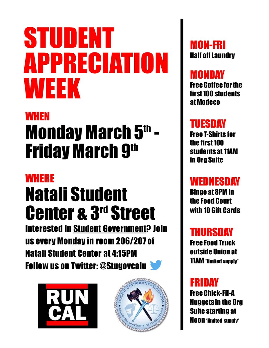 calustudentgov's tweet photo. Here is the schedule for Student Appreciation Week! https://t.co/d6UAJJjwbh