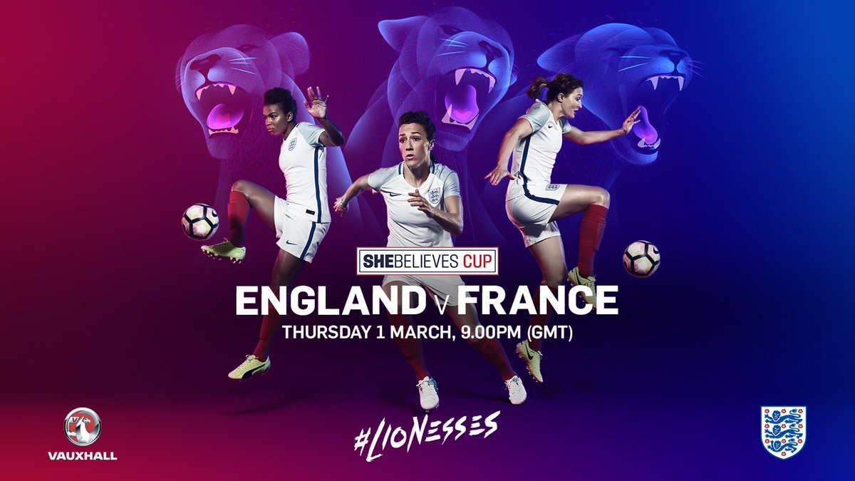 🏴󠁧󠁢󠁥󠁮󠁧󠁿 v 🇫🇷 
LIVE on BBC red button
📅 1 March 2018
⏰ 20.50 GMT 
the-fa.com/xagW7B  #Lionesses #SheBelievesCup