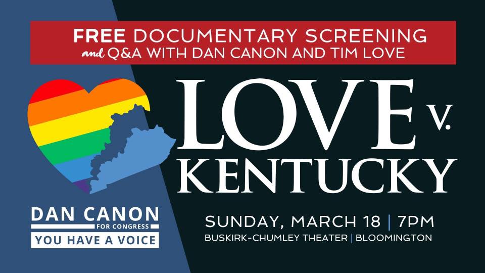 BuskirkChumley's tweet photo. This Sunday, catch Love v. Kentucky for #FREE at the #BuskirkChumley & participate in Q&A with two of the people who made this historic Supreme Court case a success for #MarriageEquality. #FreeStuffToDo @CanonForIndiana #LoveWins https://t.co/5TII20vxJI