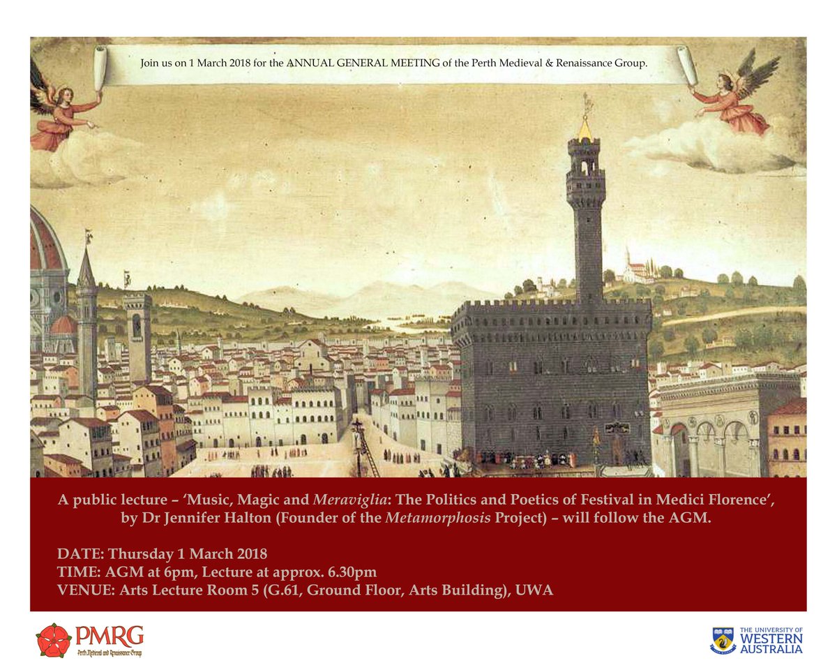 cmems_uwa's tweet photo. Join us at #UWA tonight to hear @Jen_Halton on ‘Music, Magic and Meraviglia: The Politics and Poetics of Festival in Medici Florence’. All welcome!
https://t.co/lWMF0lOAgt https://t.co/aE06KyTpOo