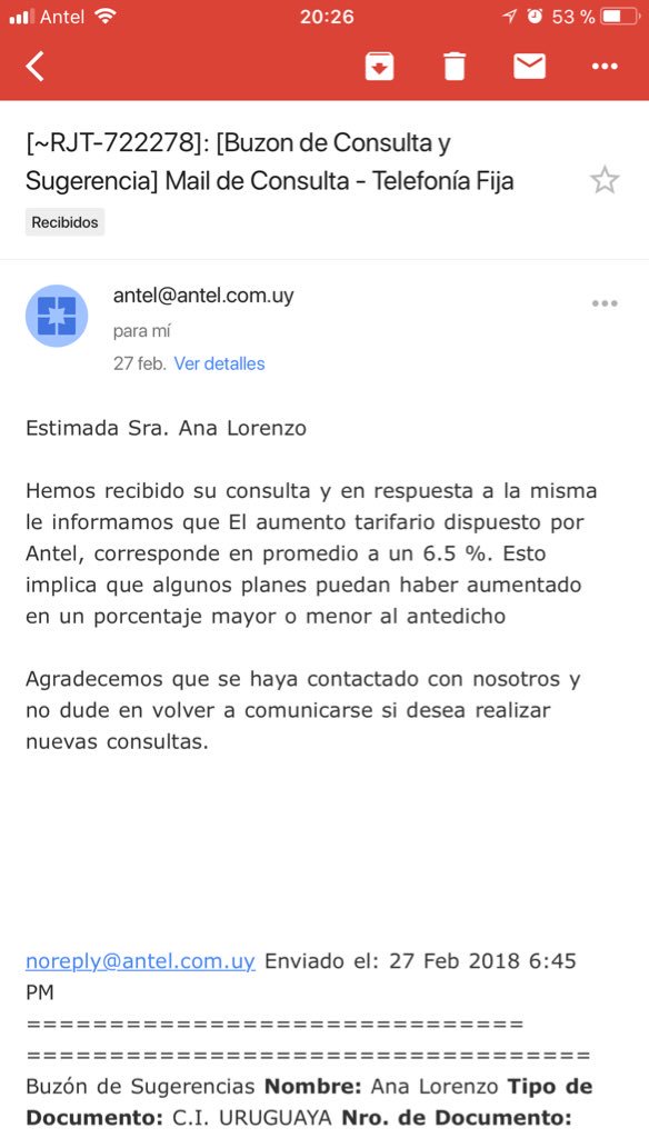 anita_lorenzo's tweet photo. Les cuento que la suba del 6,5% de @AntelDeTodos no es TAN así... Mi plan de internet era de $1.180 y pasó a $1.320... Hagan sus cálculos. He aquí la respuesta cuando me quejé. https://t.co/0g9vLT0C0j