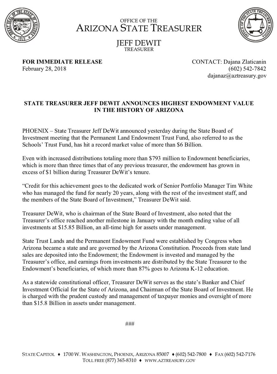 AZTreasurer's tweet photo. The #AZTreasurer's office is pleased to issue the attached press release: At yesterday's State Board of Investment meeting we announced that in addition to distributing record amounts of money to Arizona schools we have still grown the Endowment to an all-time high of $6 Billion. https://t.co/8kTjMDoIWn