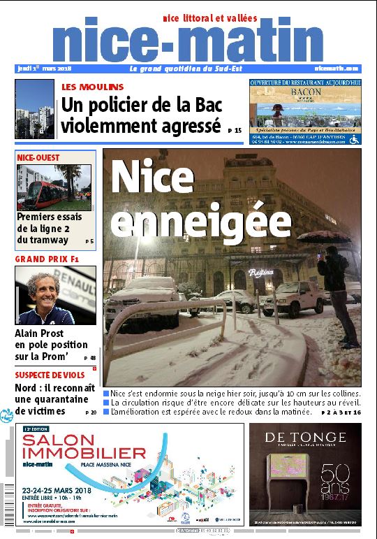 Nice_Matin's tweet photo. La neige sème la pagaille dans les Alpes-Maritimes. A la une de Nice-Matin du jeudi 1er mars 2018. https://t.co/DpFWW4Gt4C